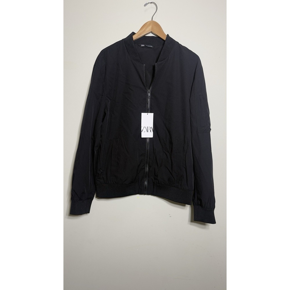 NWT ZARA Men's Black Bomber Jacket Zip Closure Size L Short Casual Solid Pockets